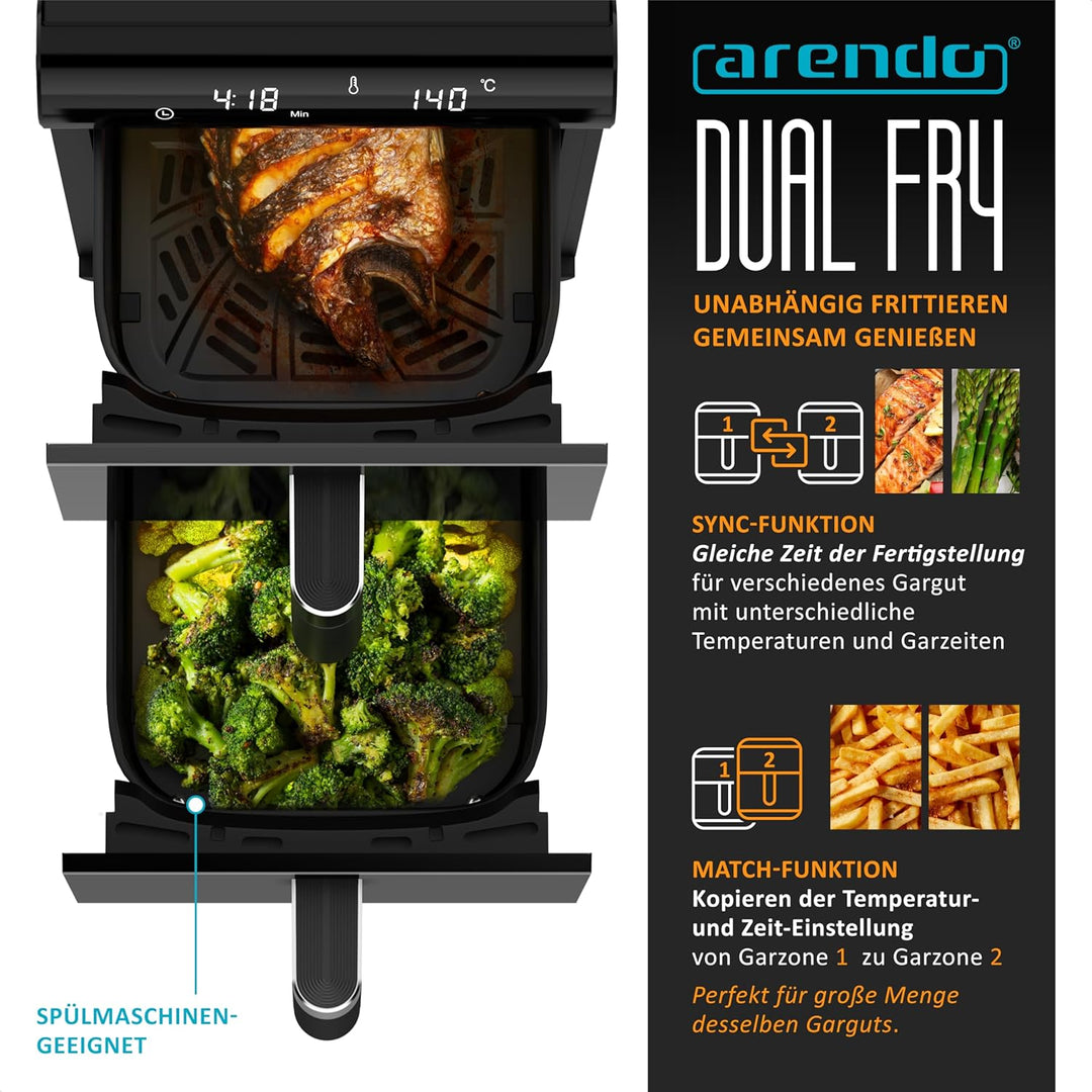 Arendo - Heissluftfritteuse XXL Dual Zone 2 Kammern – 11,4L Kapazität – 2 Zonen – Airfryer Doppelkam