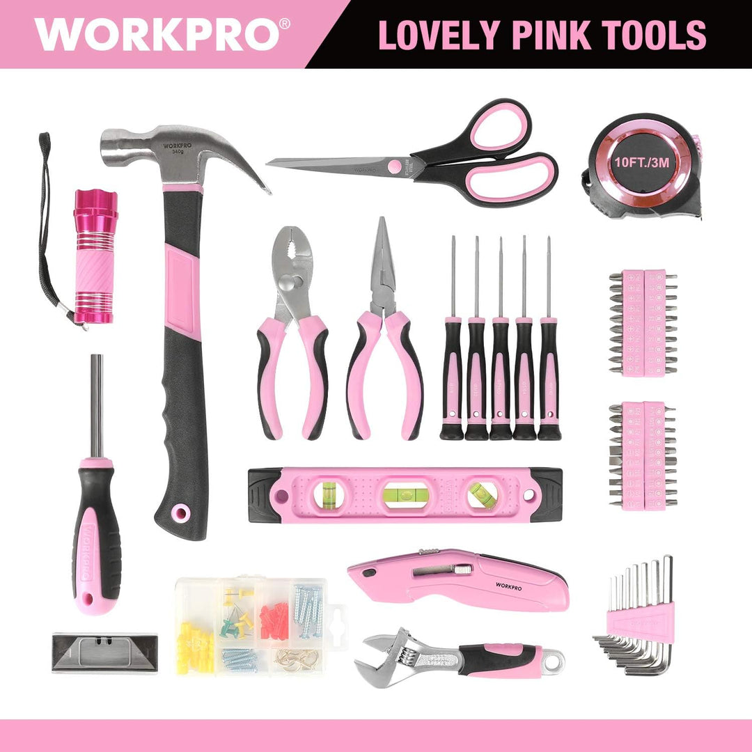 WORKPRO Pink Werkzeug Set Rosa Werkzeugkoffer 106-teilig Haushalts-Werkzeugsatz Reparatur inkl. Tasc