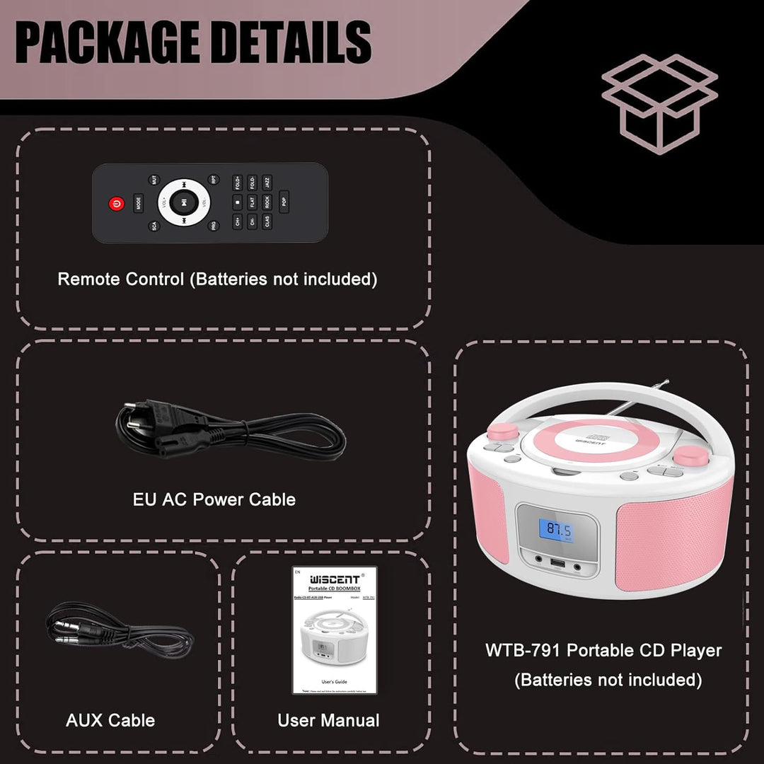 Tragbarer CD-Player Boombox mit Bluetooth | Fernsteuerung | FM-Radio | USB | MP3-Wiedergabe | Kompat