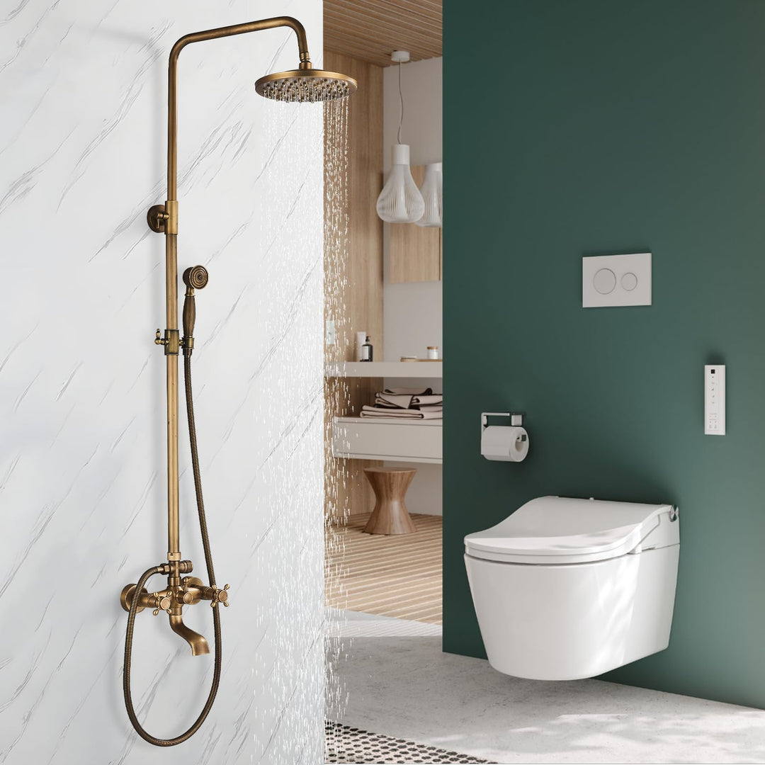 Duschsystem mit Regendusche, Antik Messing, Edelstahl, mit Handbrause, Kopfbrause, Verstellbarer Dus