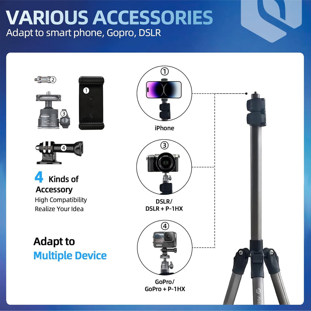 Fotopro 208CM Kamera Stativ mit 360° Kugelkopf, Telefonhalterung, Hohes und strapazierfähiges Ringli