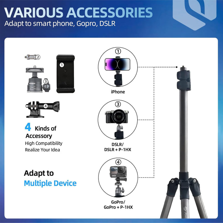Fotopro 208CM Kamera Stativ mit 360° Kugelkopf, Telefonhalterung, Hohes und strapazierfähiges Ringli