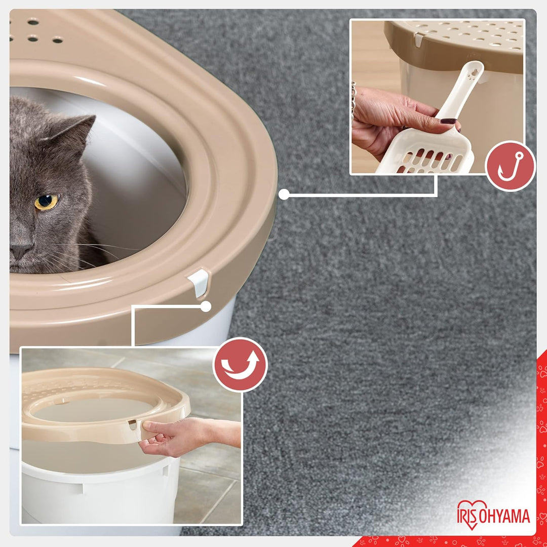 Iris Ohyama Katzenklo mit Schaufel, bis 7 kg, Weiss/Beige, mit Deckel, Katzentoilette, leicht reinig