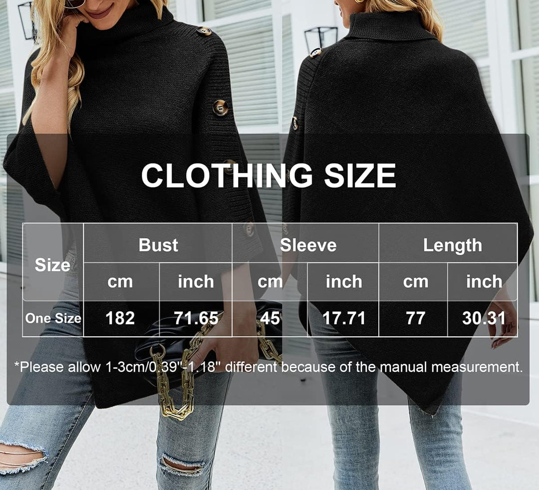 KOOSUFA Damen Strickponcho Rollkragen Gestrickter Poncho mit Dekorativen Knöpfen Strick Pullover Pon
