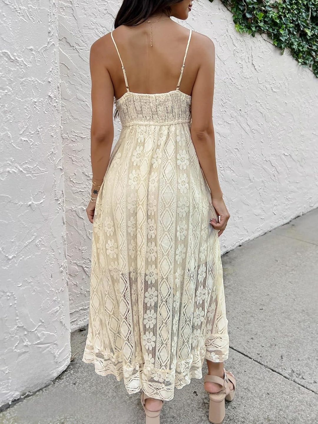 CUPSHE Damen Sommerkleid V Ausschnitt Floral Spitze Quasten Spaghetti Trägerkleid Freizeitkleider Hi