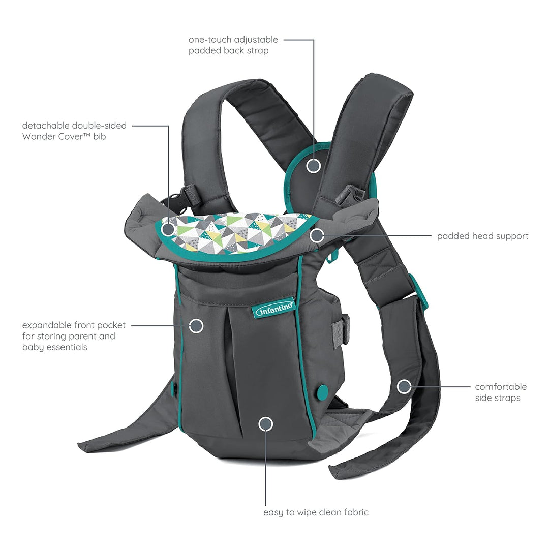 Infantino Swift Classic Babytrage, 2 Tragepositionen mit Wonder Cover Lätzchen, verstellbare Gurte,