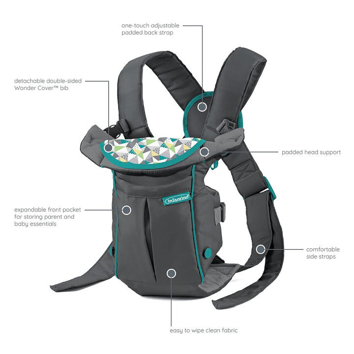 Infantino Swift Classic Babytrage, 2 Tragepositionen mit Wonder Cover Lätzchen, verstellbare Gurte,