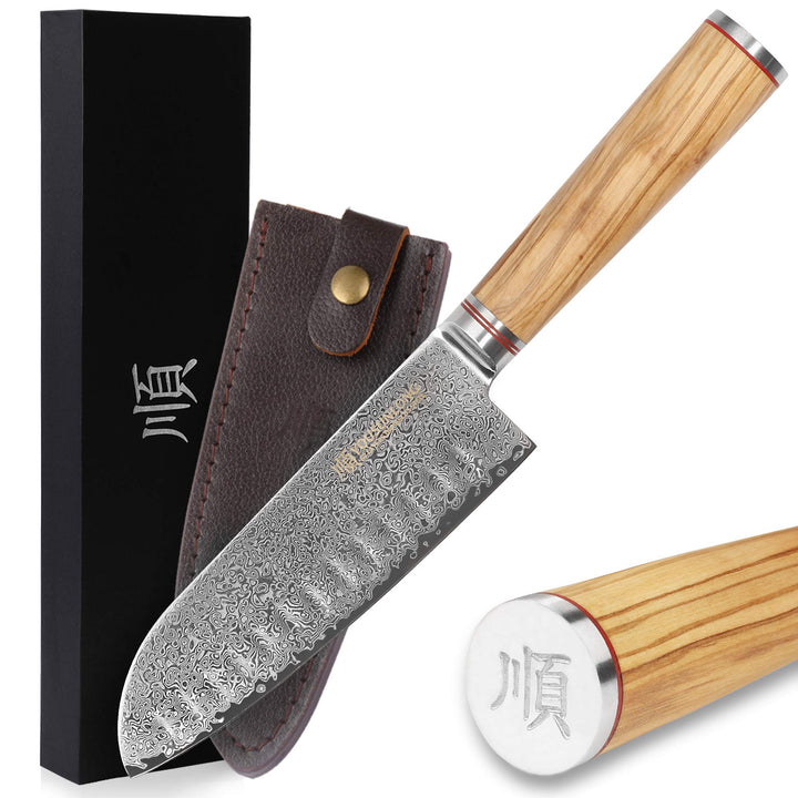 YOUSUNLONG Damastmesser Santokumesser, Klinge 17,00 cm Länge mit schwarzem Hammerschlag - sehr hochw