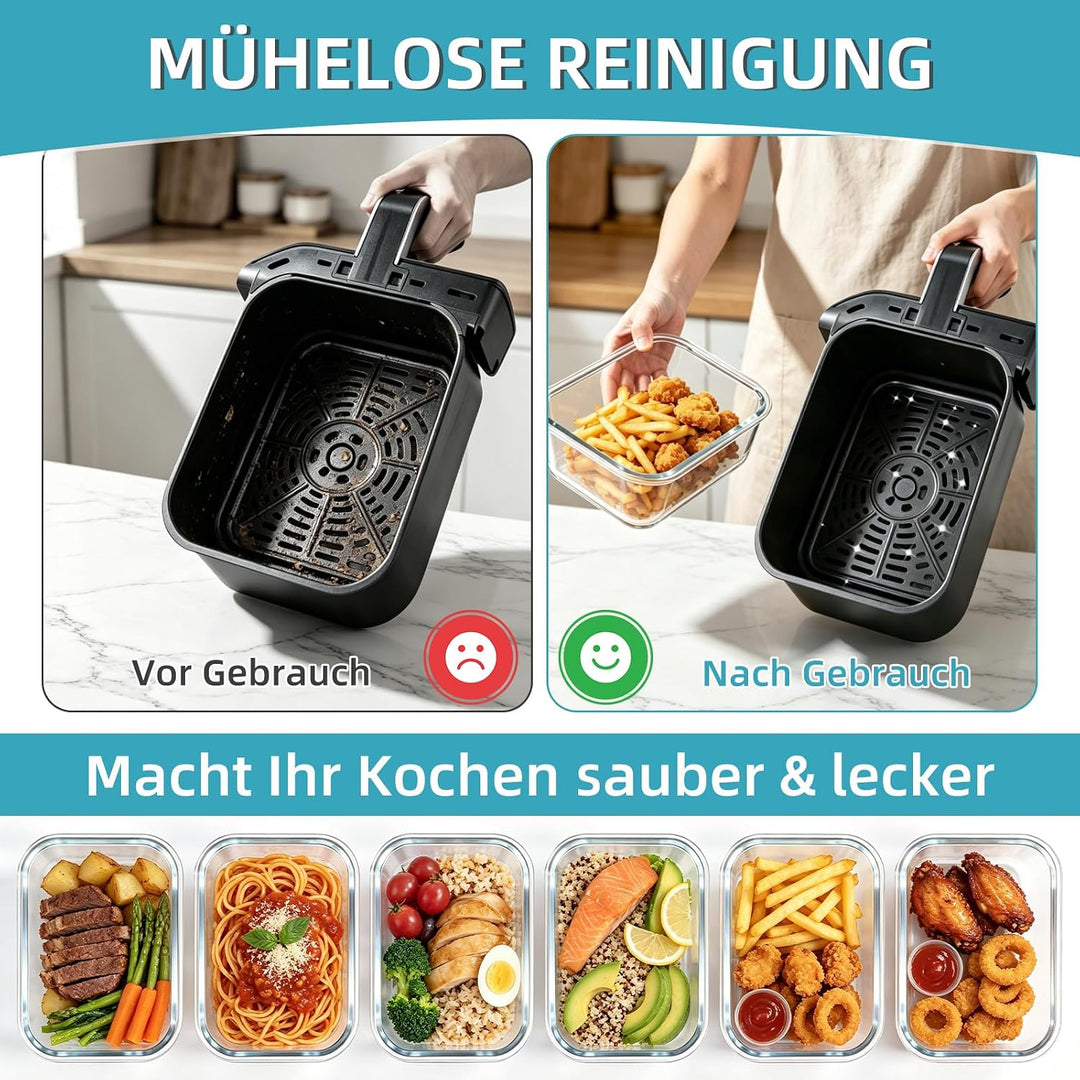 2 Stück Glas Auflaufform Airfryer mit Deckel &amp; Topflappen, Hitzebeständig, Kratzfest &amp; Spülmaschinen