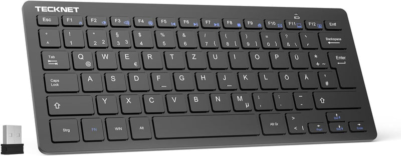 TECKNET Slim Kabellose Tastatur, Deutsches Layout, 78 Tasten Mini Wireless Tastatur mit Nano USB Emp