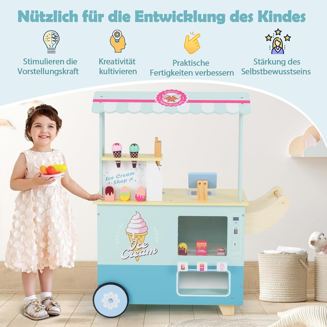GOPLUS Eiswagen Kinder, Eisstand auf Rädern mit Verkaufsautomat, Eismaschinen-Spielzeug, Präsentatio