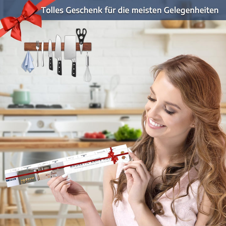 Dmore 40 cm Magnetleiste Messer mit 2 Haken, Messerhalter magnetisch aus Walnuss ohne Bohren, leistu