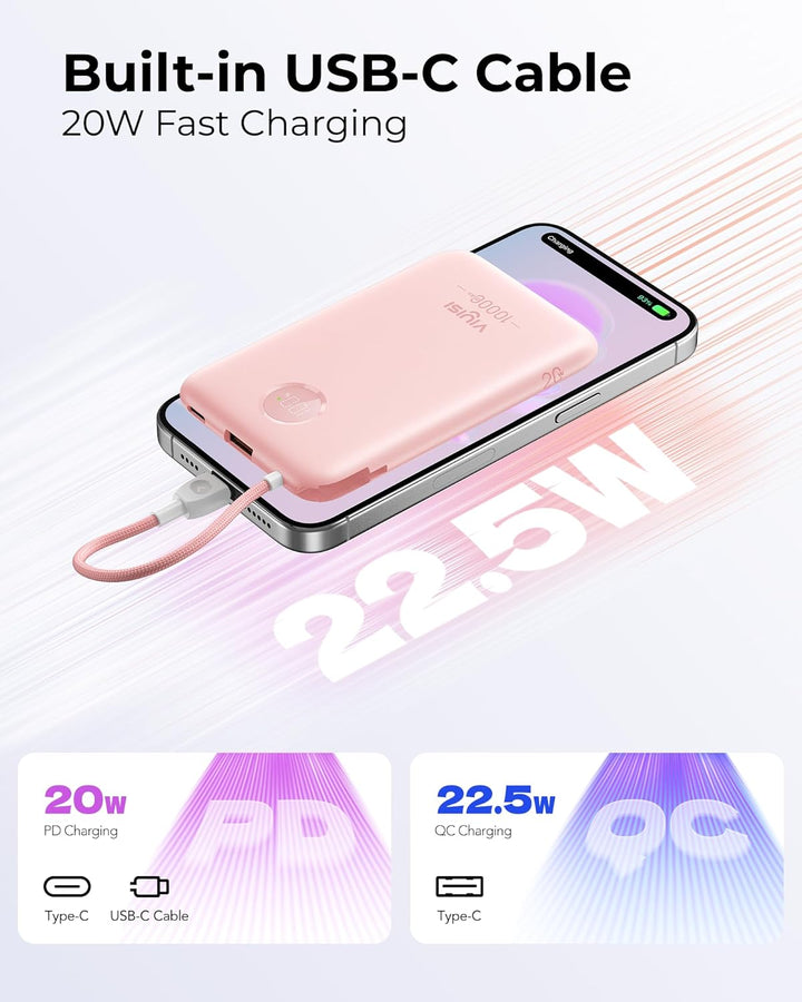 VIYISI Powerbank 10000mAh Ultradünn, 22.5W PD 20W Fast Charge mit Integriertem USB-C Kabel, LED-Anze