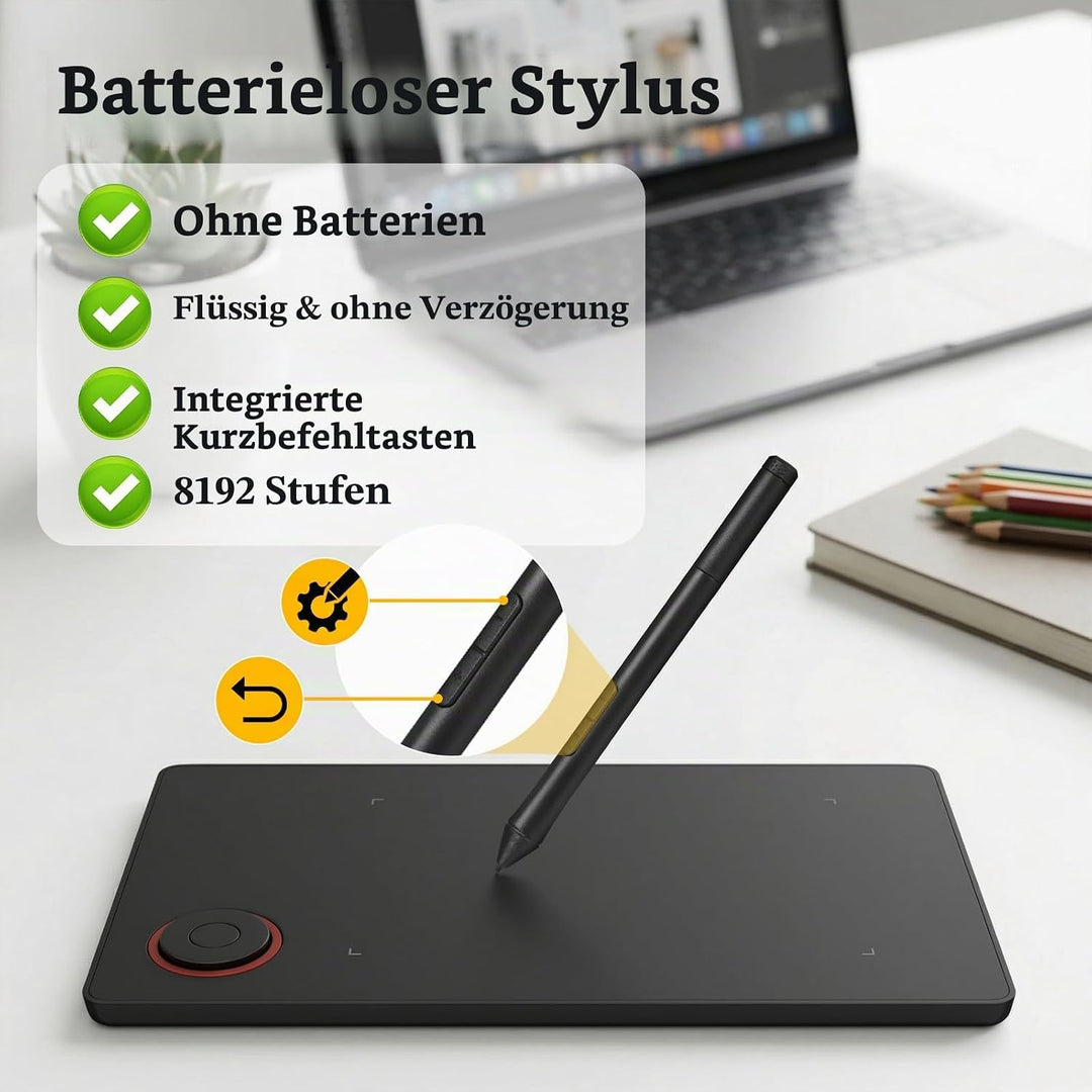IMAGE Tragbares Grafiktablett 8,9*5,3 Zoll mit 8192 Stufen batterielosem Stift und 1 magischem Kreis