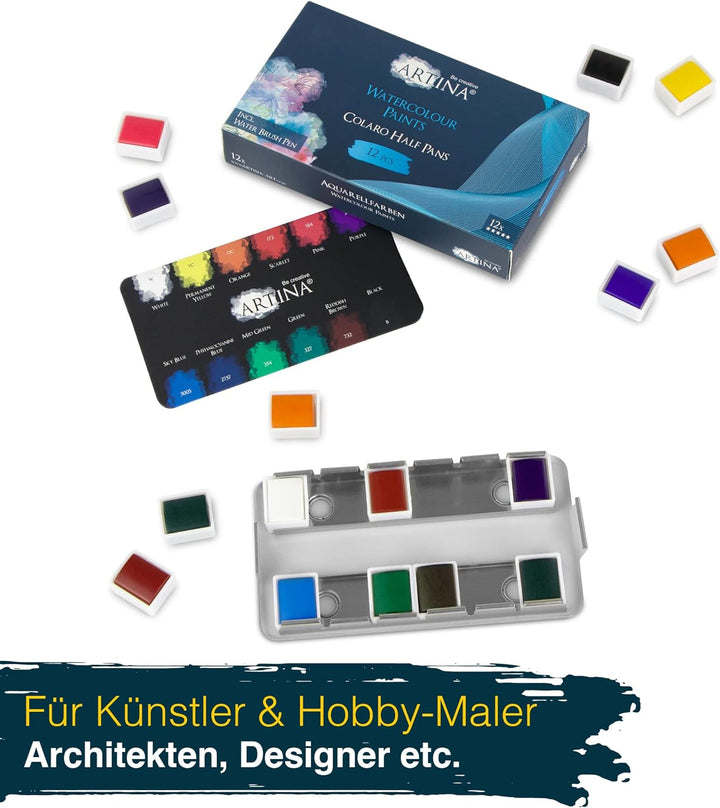 Artina Colaro Farbkasten Aquarellfarben 12 Set Wasserfarbe Malkasten Metallkasten mit Aquarell Palet