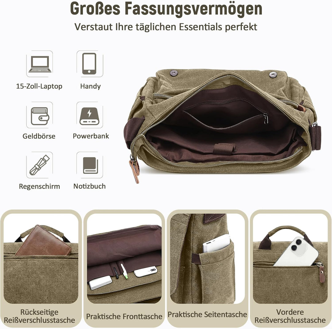 Herren Umhängetasche Gross Messenger Bag 14 zoll Laptoptasche für Herren mit Griff Vintage Schultert