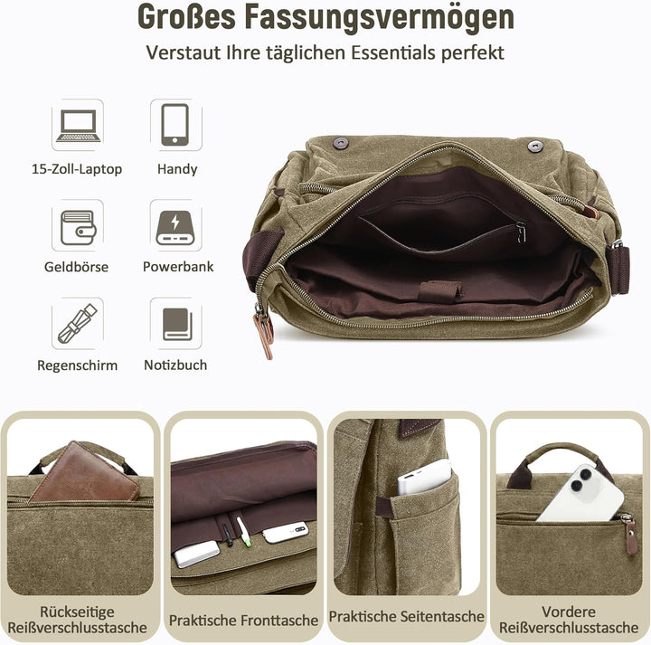 Herren Umhängetasche Gross Messenger Bag 14 zoll Laptoptasche für Herren mit Griff Vintage Schultert