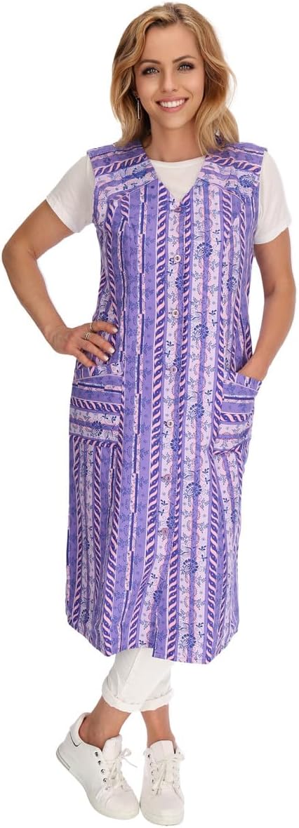 Knopfkittel Baumwolle bunt Kochschürze Hauskleid Kittel Schürze ohne Arm 38 violett, 38 violett