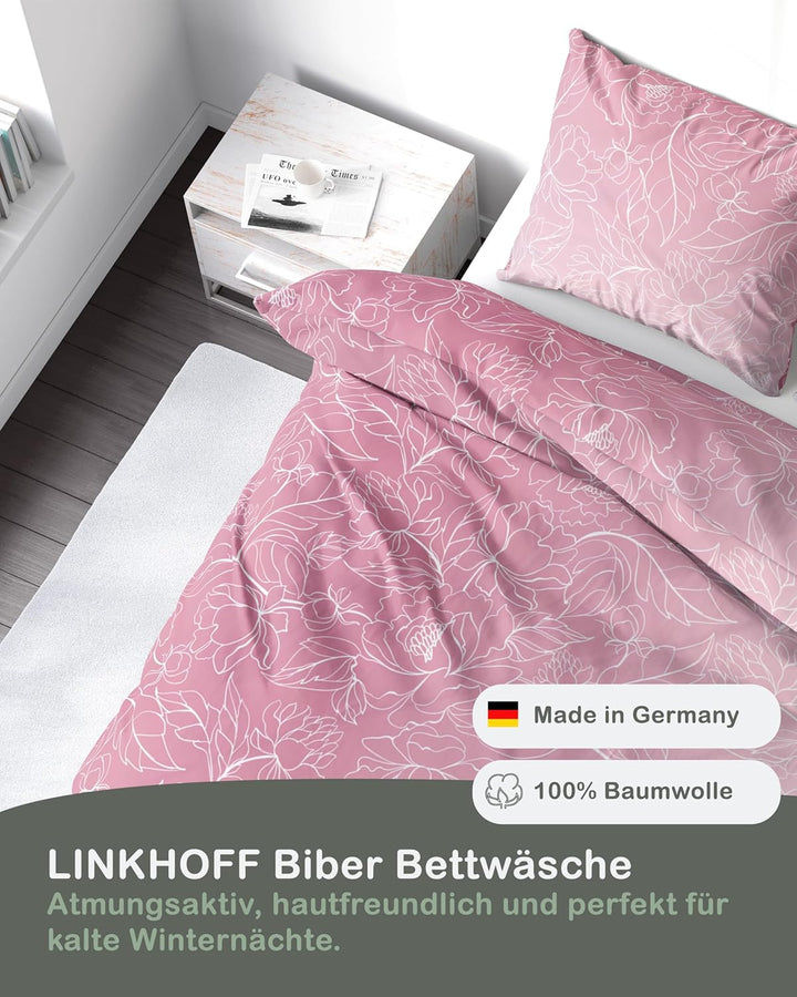 LINKHOFF Biber Bettwäsche Set 2tlg 135 x 200cm - Winterbettwäsche Altrosa Blumen Ranken-Motiv in Ros