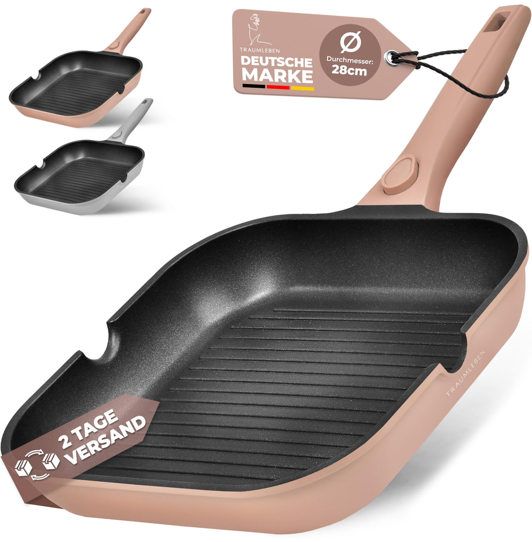 NEU Grillpfanne 28 cm mit Ausguss & abnehmbarem Griff, Antihaftbeschichtung, PFOA-frei, für Induktio
