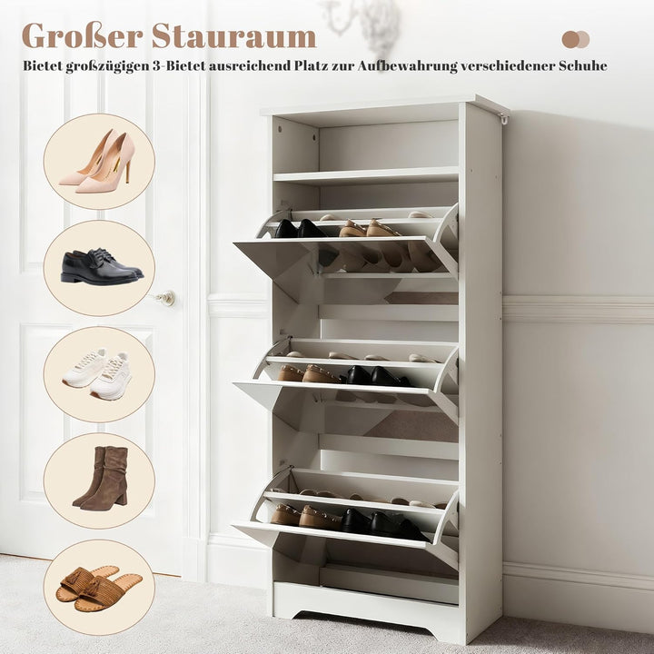Spiegelschuhschrank mit 3 Klappfächern, Schmales Schuhaufbewahrungs-Schrank mit Spiegeltür, Freisteh