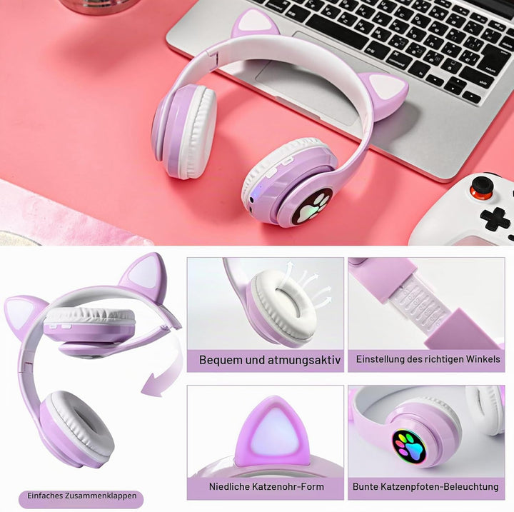 Bluetooth kopfhörer Kinder,Mädchen Katzenohr Kopfhörer Over-Ear mit LED-licht Faltbare Stereo Kopfhö