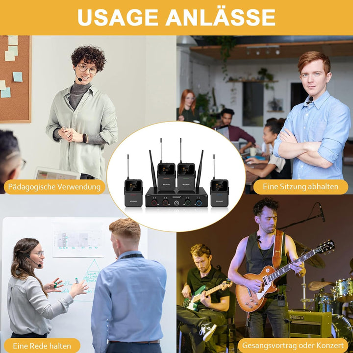 4-K-UHF-Funkmikrofonsystem mit 4x10 Frequenzen, 200 Fuss Reichweite, 4 Bodypack und Headset/lapelle-