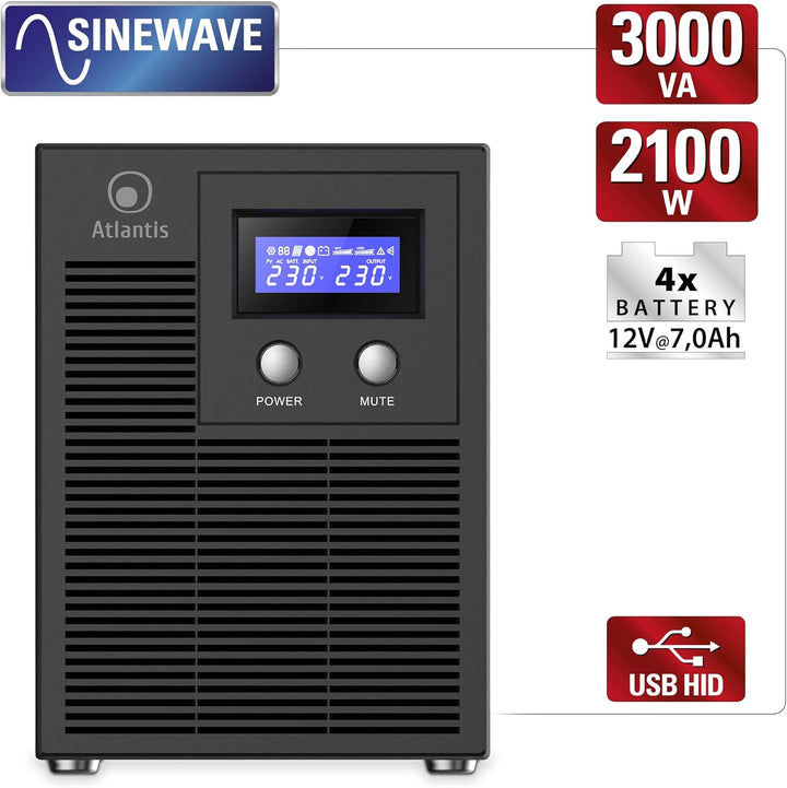 Atlantis A03-HP4003P Unterbrechungsfreie Sinuswelle 3000VA 2100W Line Interactive, LCD-Display, USB-