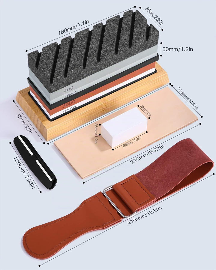 FAOKZE Abziehstein Schleifstein Set 9-in-1, Doppelseitig 400/1000 und 3000/8000 Grit Messerschärfer,