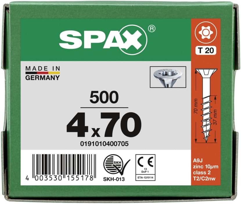 SPAX Schrauben mit T-STAR plus Senkkopf, Teilgewinde, Blank Verzinkt, 4,0 x 70 mm - 500 Stück 4,0 x