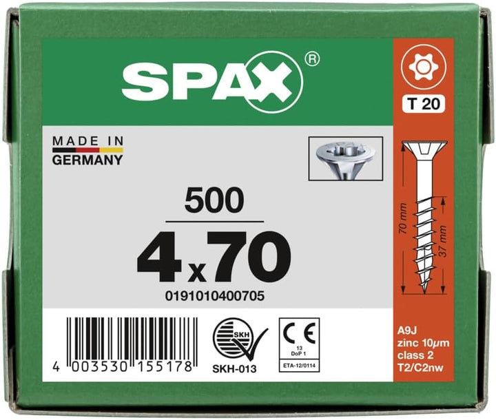 SPAX Schrauben mit T-STAR plus Senkkopf, Teilgewinde, Blank Verzinkt, 4,0 x 70 mm - 500 Stück 4,0 x