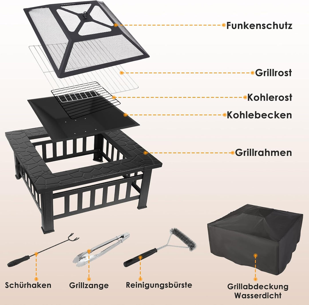 TLSUNNY Feuerschale mit Grillrost 81cm,3 in 1 Feuerstelle mit Funkenschutz,Feuerkorb mit Regenplane,