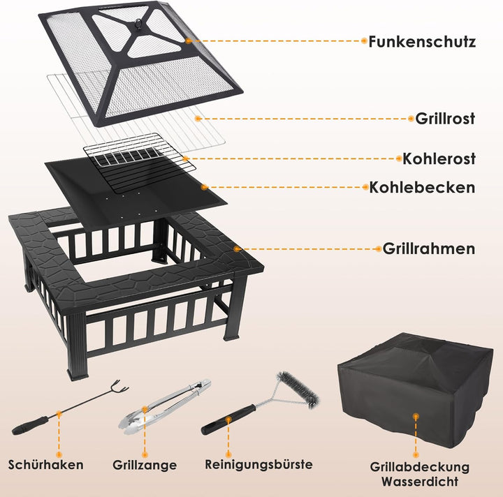 TLSUNNY Feuerschale mit Grillrost 81cm,3 in 1 Feuerstelle mit Funkenschutz,Feuerkorb mit Regenplane,