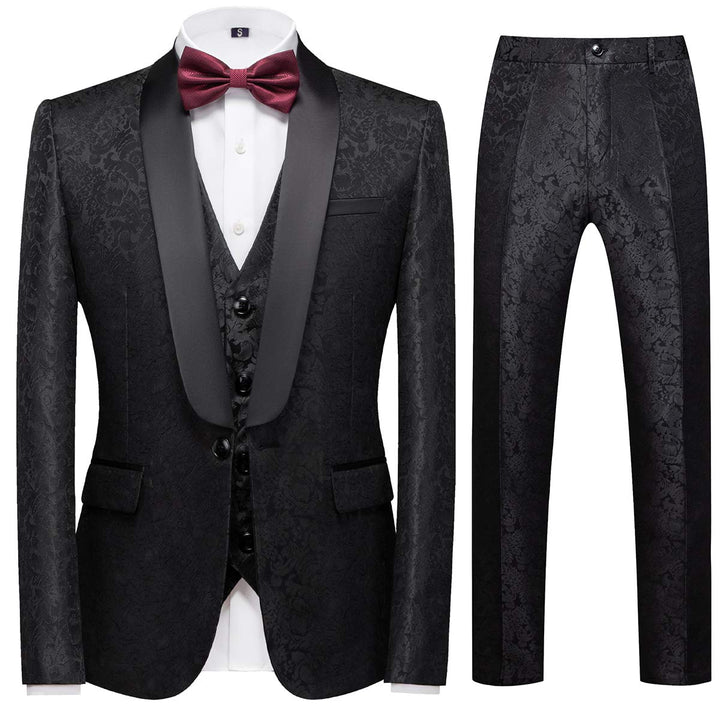 Anzug Herren 3-Teillig mit Schalkragen Muster Hochzeit Formell Business Smoking Jacke Weste und Hose