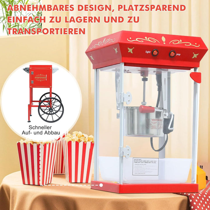 Popcornmaschine mit Wagen 8 OZ Kessel Popcornmaschine Gross,Entnehmbarer Topf Popcornmaker Retro Pop
