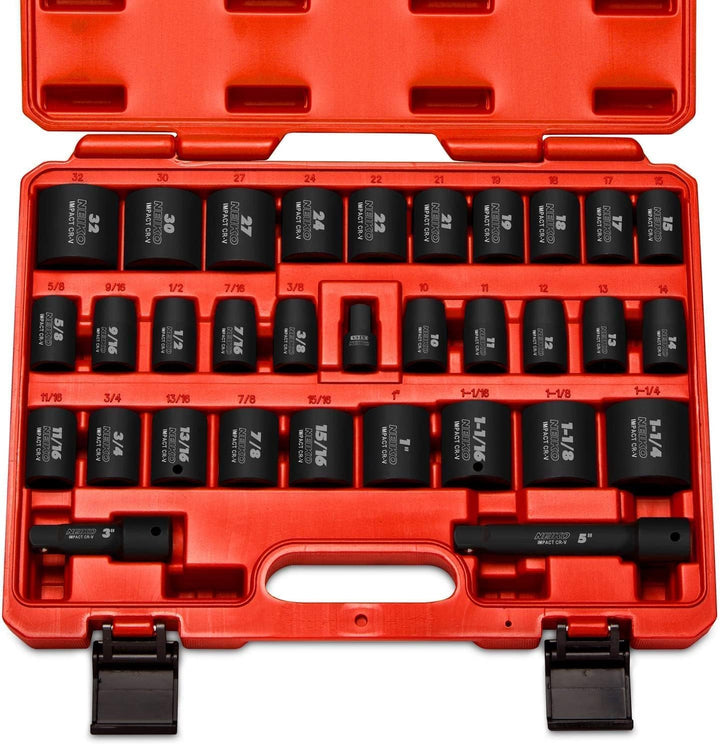 Neiko 02447A 1/2-Inch Drive Shallow Impact Socket Set with Extension Bars, 32-Piece | SAE (3/8" to 1