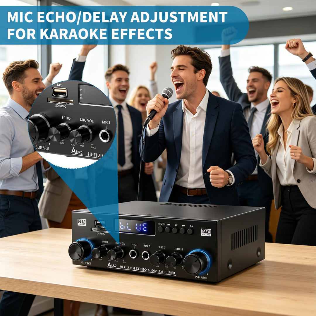 2.1-Kanal Bluetooth 5.3 HiFi-Verstärker mit Subwoofer – 1000W Peak | (50W+50W RMS) SD/USB/FM Radio |