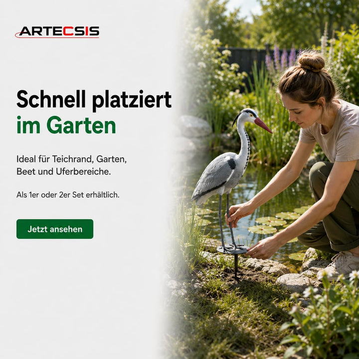 ARTECSIS® 1 x Kunststoff-Fischreiher Attrappe (70 cm) mit Erdspiess aus Kunststoff - Gartenteich Rei