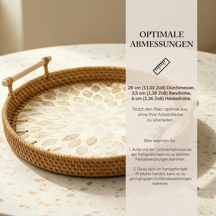 Rattan Serviertablett mit Griffen, Handgewebtes Wicker-Tablett Dekotablett Rund Aufbewahrungsplatten