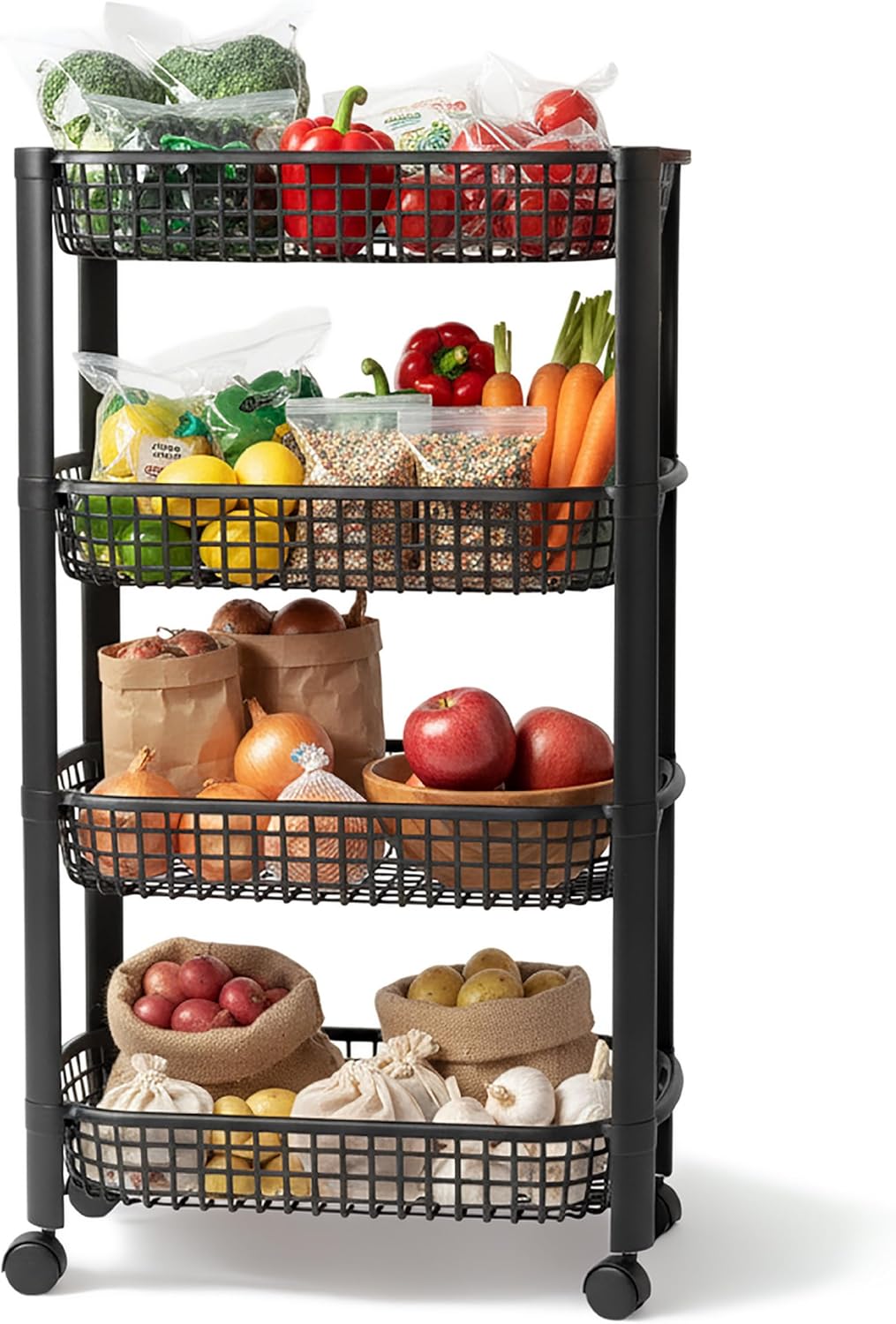 Spetebo Küchenwagen auf Rollen mit 4 Korb Ablagen 79 x 46 cm Made in EU - schwarz - Kunststoff Rollw