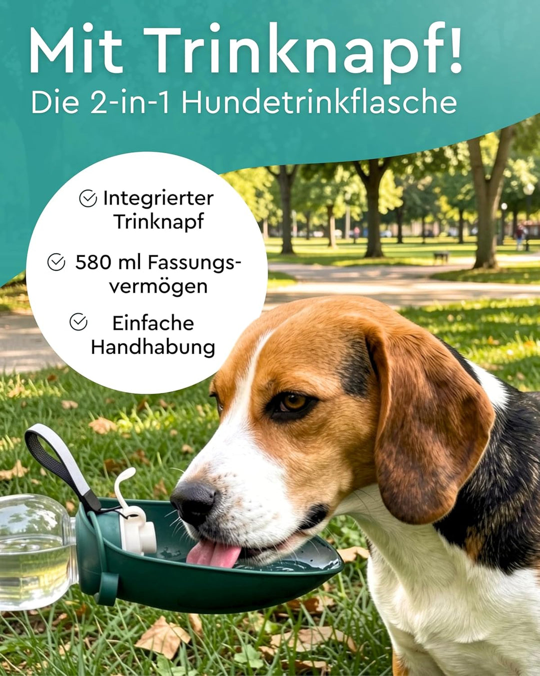 emmi-PET Hundetrinkflasche in Dunkelgrün I 580 ml I Auslaufsichere Trinkflasche mit integriertem Nap