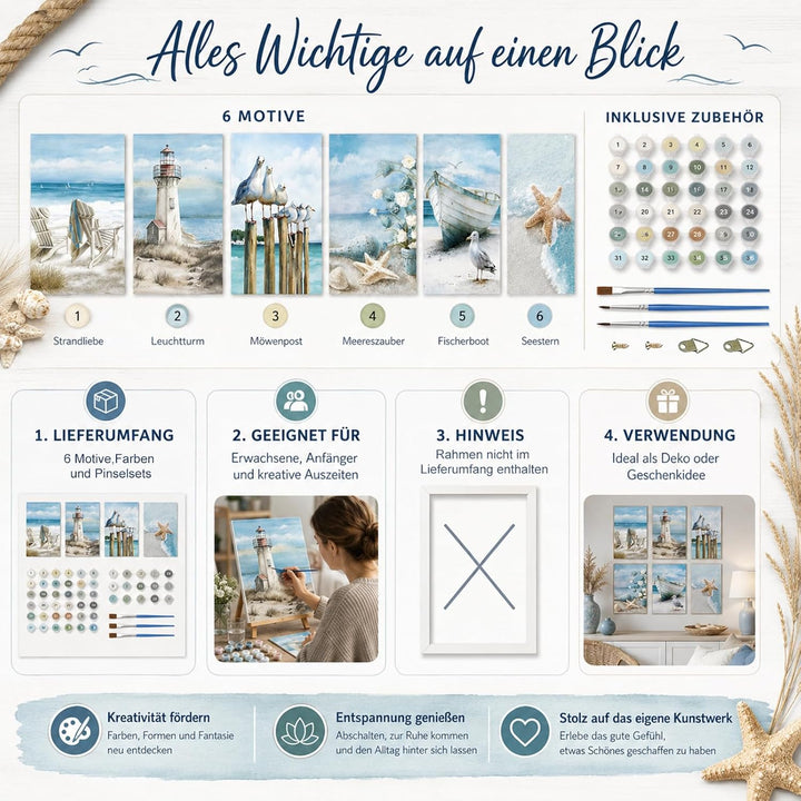 SASMoiyug 6 Stück Malen nach Zahlen Erwachsene, DIY am Meer Sandstrand Malen nach Zahlen Set Mit 6 P