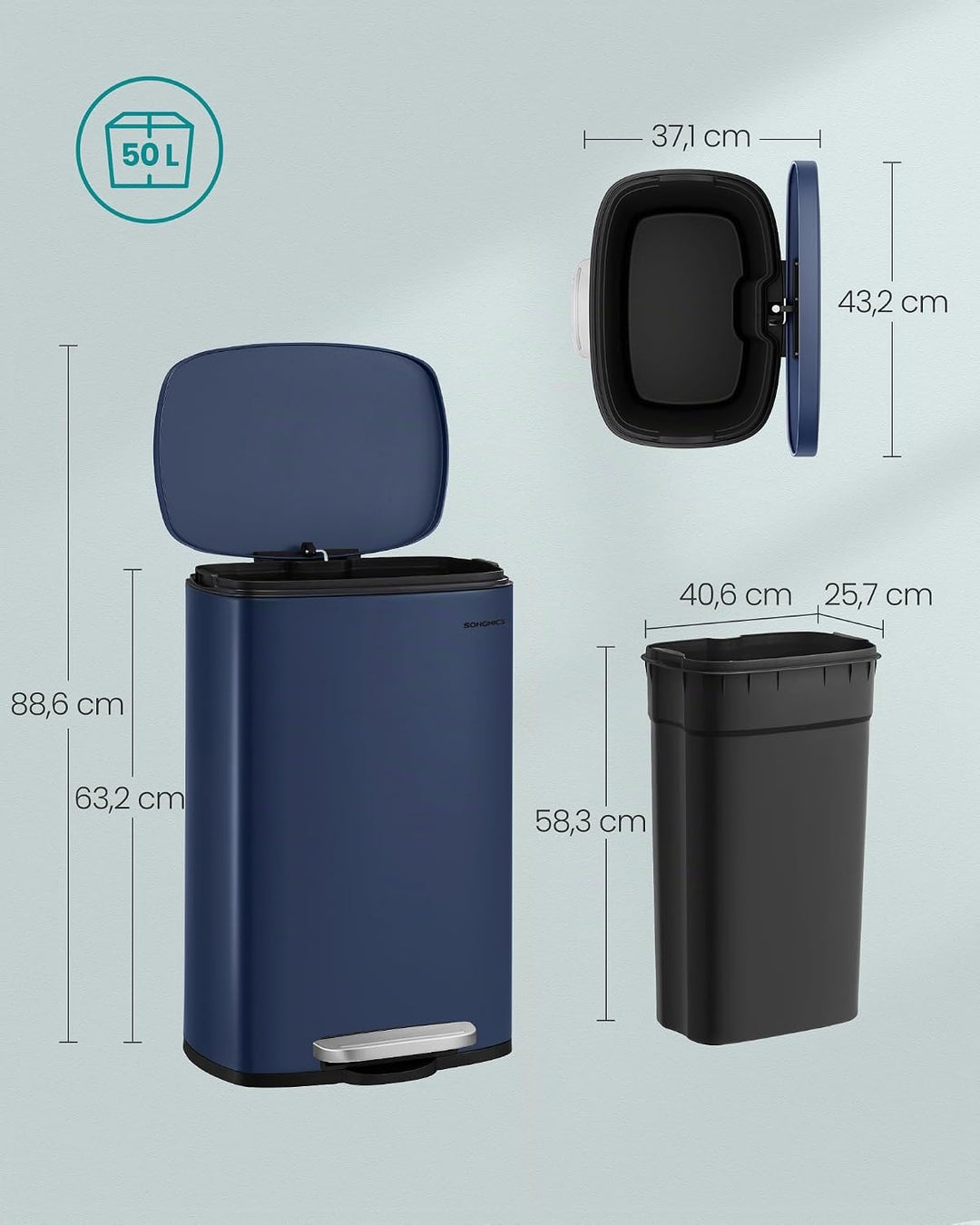 SONGMICS Mülleimer Küche, 50 Liter, Abfalleimer, Treteimer, mit Deckel, Softclose, Fusspedal, Stahl,
