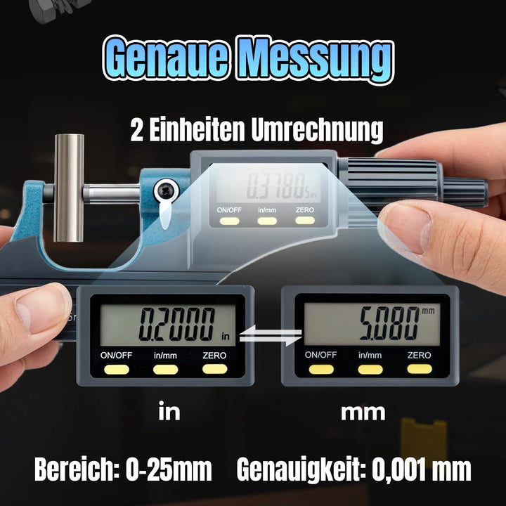 Digitales Mikrometer 0-25mm, LCD Bügelmessschraube Elektronische Aussendurchmesser Messschraube mit
