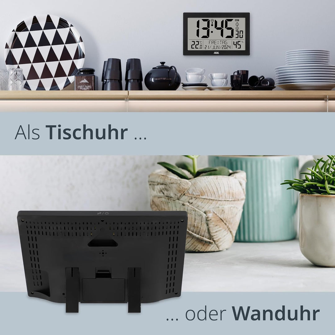 ADE Digitale Funkuhr mit grossem XL-Display | Kalender | mit Temperaturanzeige & Hygrometer | Wanduh