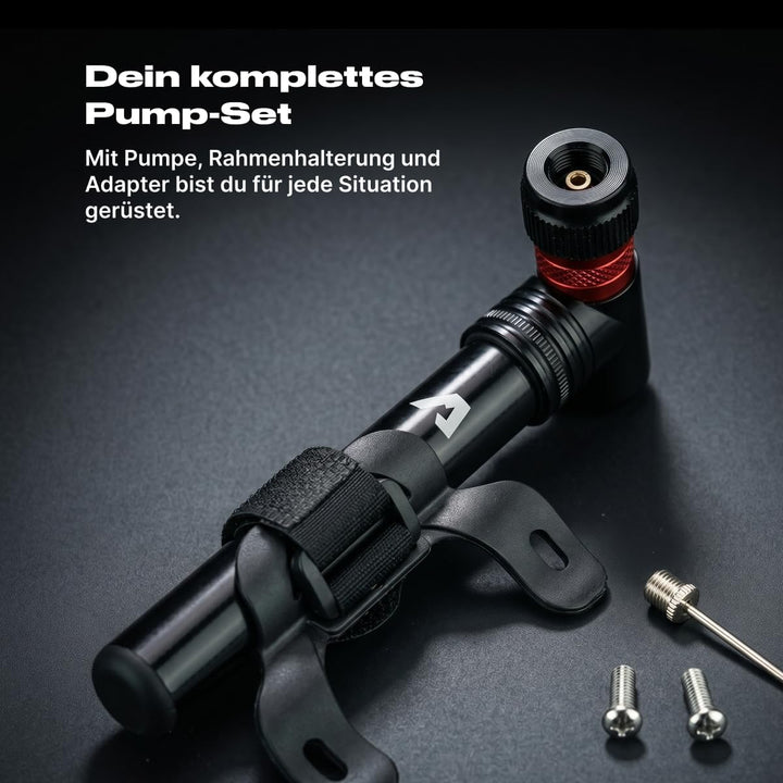 Alpensattel Fahrrad Mini-Pumpe mit Rahmenhalterung, 6063 Aluminium, 60 g, 130 mm, bis 11 bar / 160 p