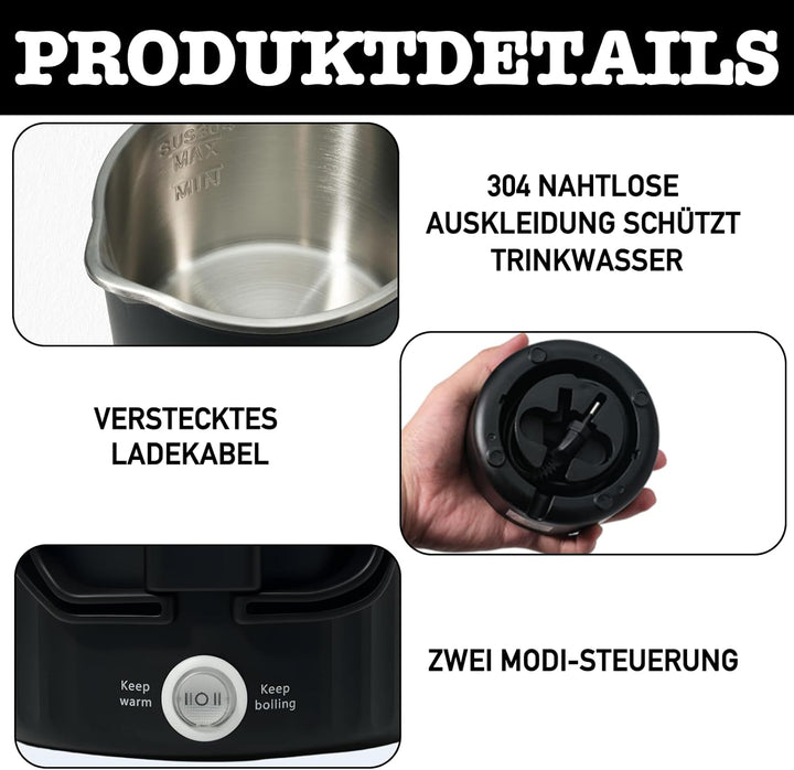 Faltbarer Wasserkocher 1L mit Eierhalter Aufbewahrungstasche Schwarz Reise Camping Wasserkessel Trag