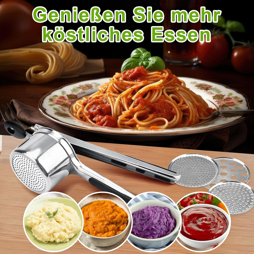 Edelstahl-Kartoffelpresse mit 3 austauschbaren Klingen, Silikongriff, multifunktional für Kartoffelb