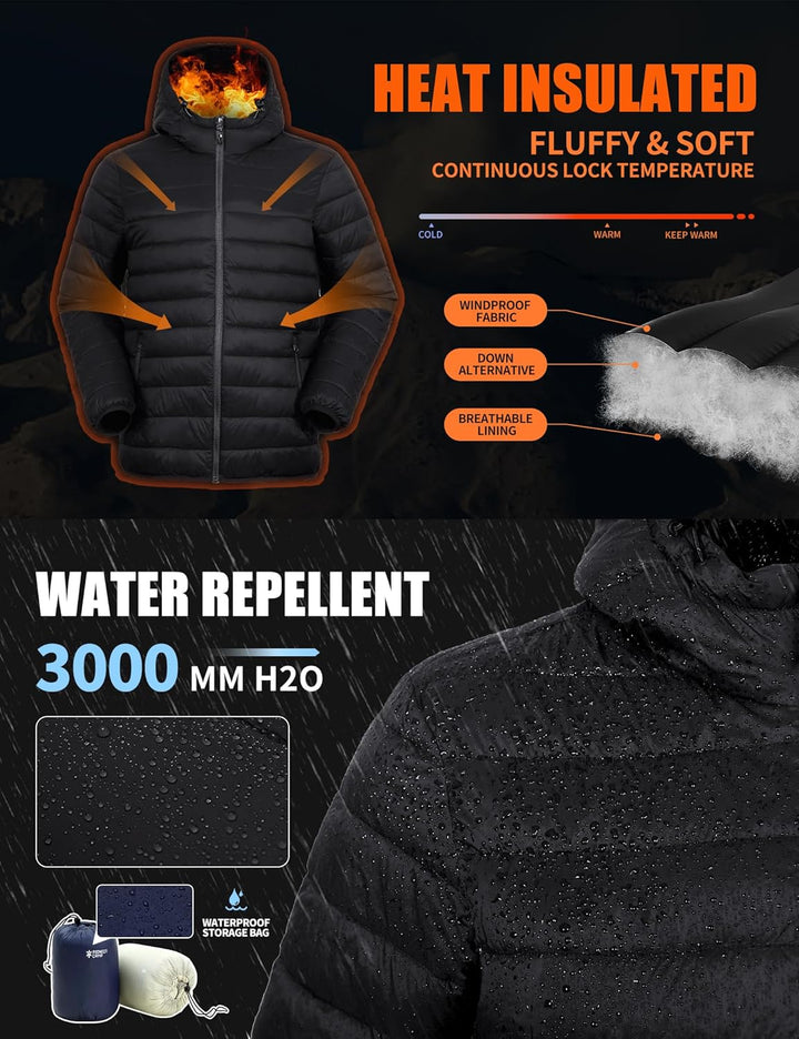 Herren Steppjacke Leichte Daunenjacken Winterjacke Übergangsjacke Outdoorjacke mit Kapuze und 6 Tasc