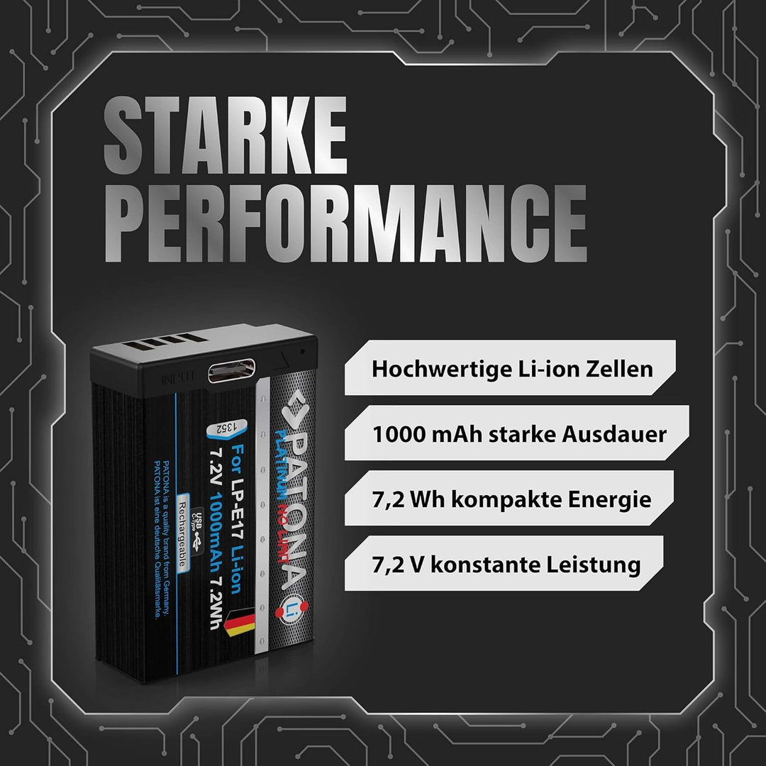 PATONA 2X Platinum Akku Ersatz für Canon LP-E17 LPE17 mit USB-C, 1000mAh | Ersatzakku für EOS RP R10